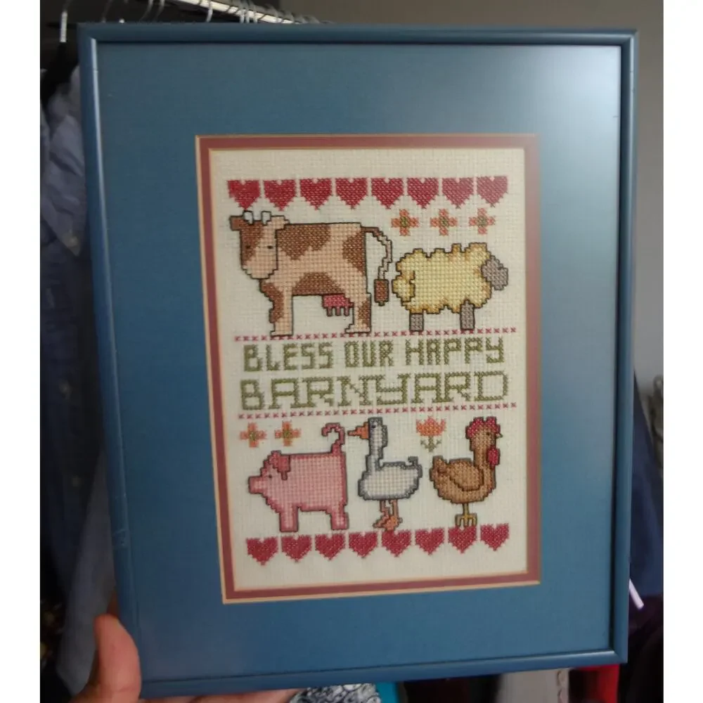 Vintage 90s Framed Sign Cross Stitch Needlepoint Handmade Barn Animals Farm